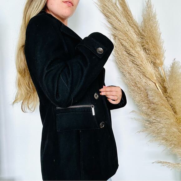 MK MICHAEL KORS Black Wool Button Front Zipper Pockets Classic Jacket Pea Coat M - Picture 9 of 16